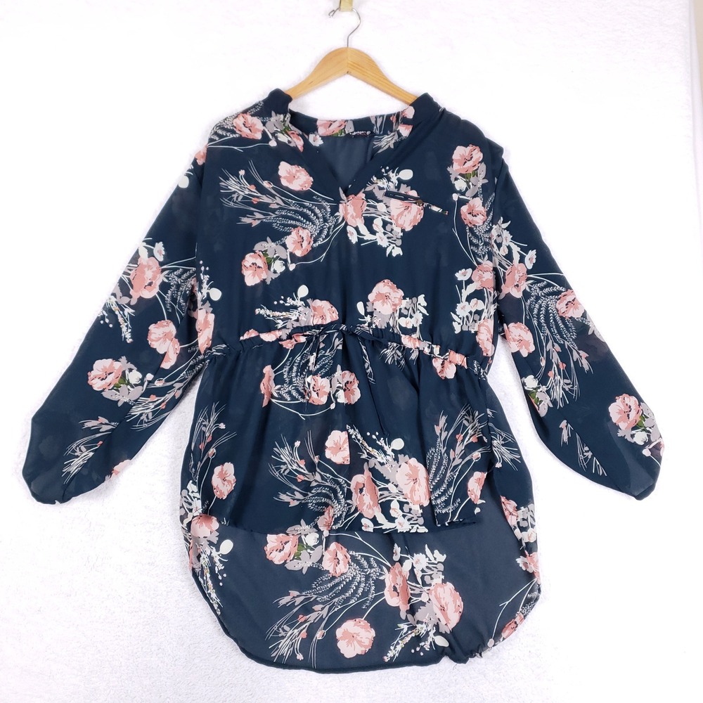 Indulge In Style Floral Blouse Womens Plus 3X High Low Peplum Top Blue Chiffon
